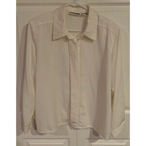 Alfred Dunner Blouse Women’s Petite 14 Cream Embroidered Button Down Dress Shirt